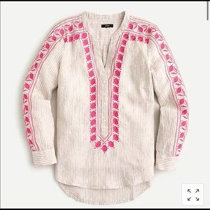 Embroidered V neck tunic in stripe linen